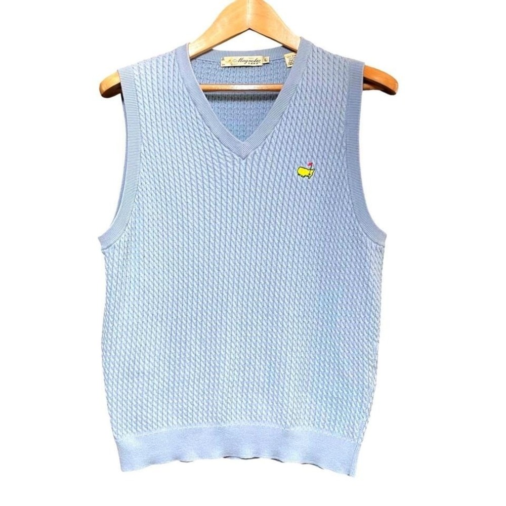 Magnolia Lane Mens L Masters Tournament Blue Pima Cotton Cable Knit Sweater Vest - Picture 2 of 6